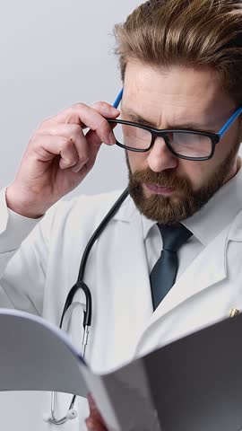 A man in a white lab coat reads a set of documents with focus in a medical office. His expression shows concentration as he processes the information. The setting is modern and professional.