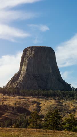 Aerial shot of the amazing Devils Tower National Monument in Wyoming. Vertical video.