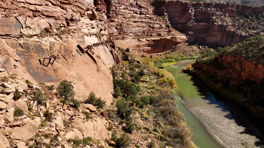 Aerial of the remains of the Hanging Flume water chute built in the Dolores River Canyon in Colorado. The flume was built in the 1880’s to transport water for gold mining.