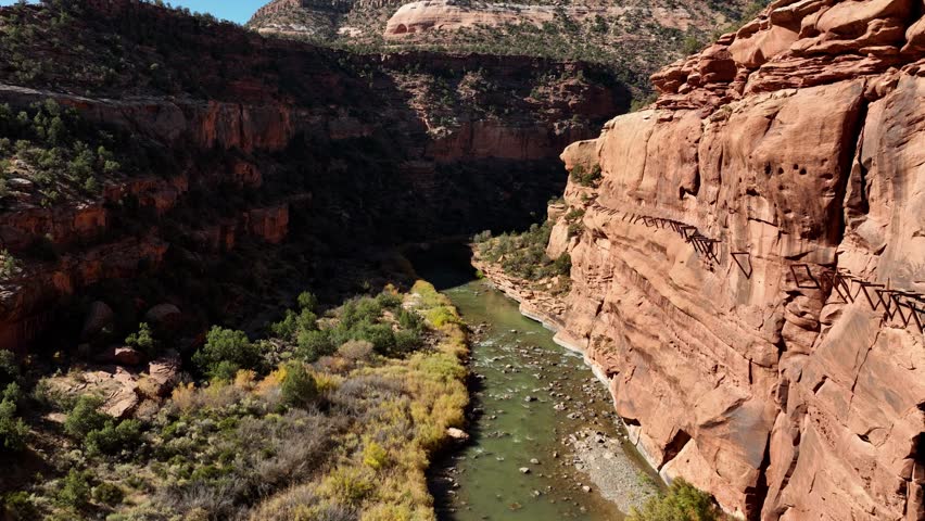 Aerial of the remains of the Hanging Flume water chute built in the Dolores River Canyon in Colorado. The flume was built in the 1880’s to transport water for gold mining.