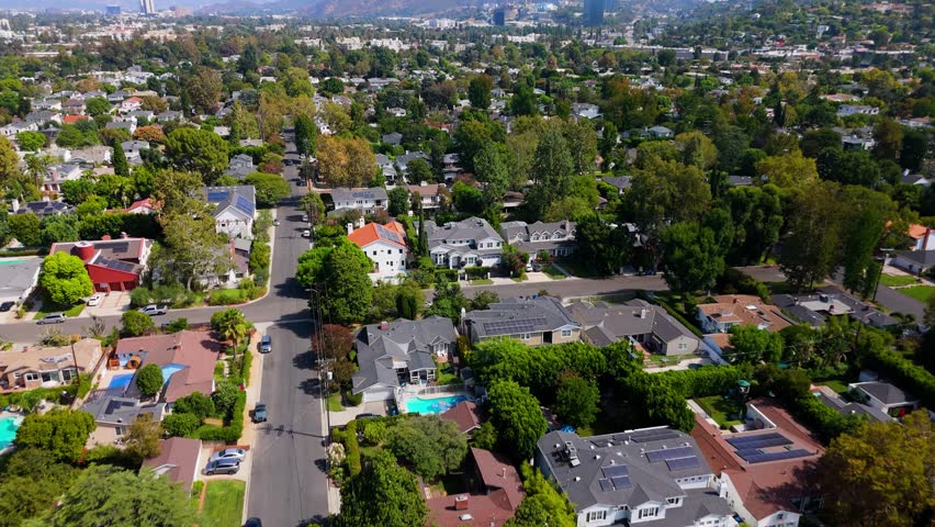 Aerial view of residential neighborhood with solar panel houses in Studio City, Los Angeles, 7 October 2025