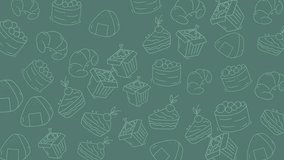 Food doodle background with pastries and japanese snacks, perfect for food blog graphics, menu designs, and social media posts. - Powered by Shutterstock - Get 15% off with code: PIKWIZARD15