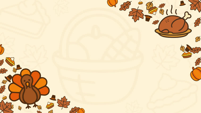 Cute beige Thanksgiving seamless background with turkey, leaves and food. Perfect for cards, invitations, social media posts.