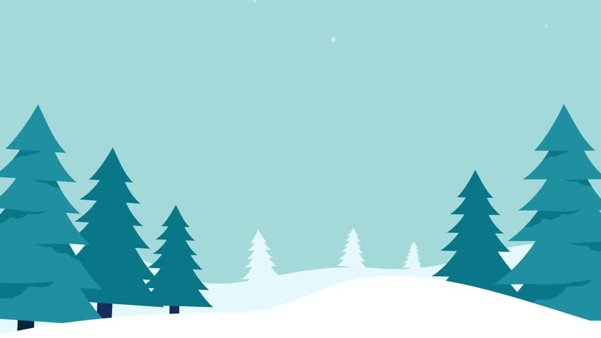 Minimal flat winter landscape animation featuring snowy hills, pine trees, and pastel foliage. Perfect for Christmas greetings, seasonal backgrounds, or festive promotional videos.