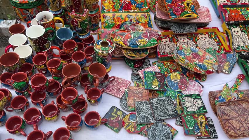 Different types of handicraft painting and wall art at a local market in Shantiniketan, West Bengal