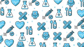 Medicine seamless pattern featuring light blue medical icons like hearts, syringes, and bandaids. Suitable for healthcare designs. Medicine seamless pattern background loop animation. - Powered by Shutterstock - Get 15% off with code: PIKWIZARD15