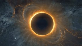 A stunning artistic illustration of a black hole in outer space. The center is a pitch-black circle surrounded by a very bright, glowing orange-yellow ring, which looks like an accretion disk or coron - Powered by Shutterstock - Get 15% off with code: PIKWIZARD15