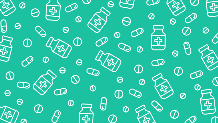 Medicine seamless pattern teal backdrop showcases a repeating design of pill bottles for medical use. Medicine seamless pattern background loop animation.