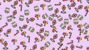 Colorful seamless candy pattern with lollipops, candy canes, and sweet jars on a soft pink background. Perfect for kids’ design, packaging, textile, wallpaper, and holiday projects. - Powered by Shutterstock - Get 15% off with code: PIKWIZARD15