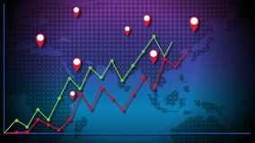 Dynamic line graphs animate over a digital world map, highlighting financial data points and locations - Powered by Shutterstock - Get 15% off with code: PIKWIZARD15