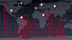 Red bar graph rises across global map, adding location markers, dark background, digital finance style - Powered by Shutterstock - Get 15% off with code: PIKWIZARD15