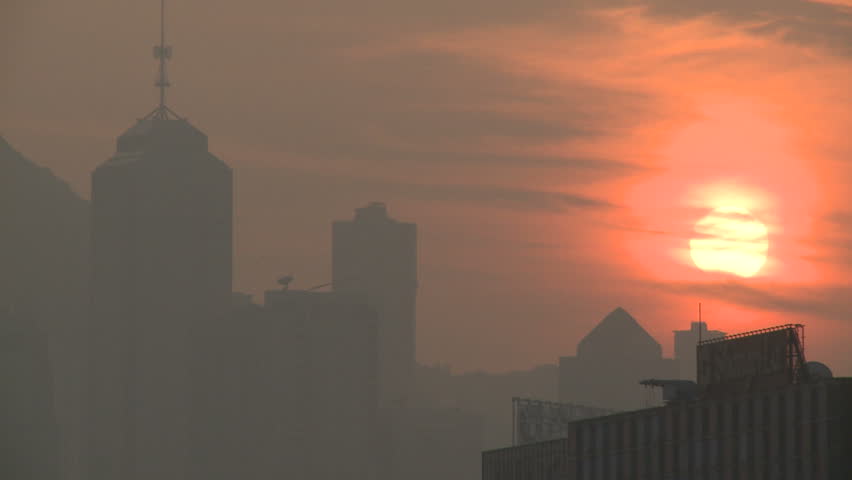 Smog Pollution Sunset Over Asia Megacity Hong Kong. Air pollution and choking
