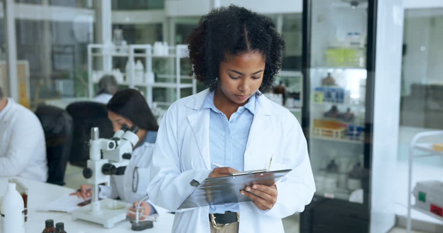 Woman, writing and research in lab with checklist for quality control, evaluation and report. Medical, science and female person in workplace with clipboard, notes and pharmaceutical development.