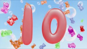 Sweet Gummy Candy Number 10 Floating with Colorful Gummy Bears and Bubbles Background - Powered by Shutterstock - Get 15% off with code: PIKWIZARD15