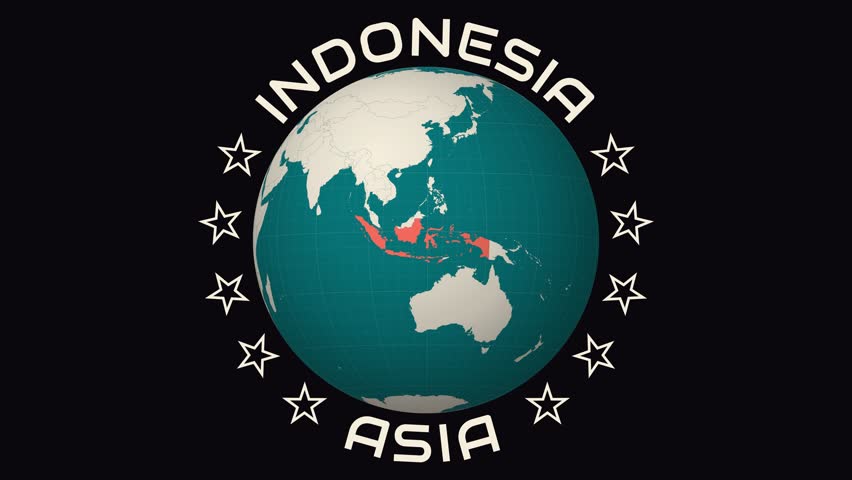 Animation of a zoom into Indonesia on a globe in a teal and pale mint color palette. Features a country logo animation, map with meridians and parallels.