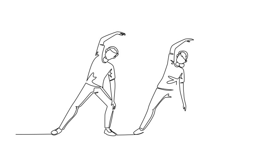 Animation of continuous one line drawing a pair of grandparents are doing arm stretches on a fitness mate. Anti cramp movements. National Senior Health and Fitness Day. Full length motion
