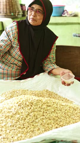 Elderly Indonesian woman wearing a hijab meticulously sorting and mixing soybeans by hand from a large sack, demonstrating the traditional process of making tempeh in a home based workshop