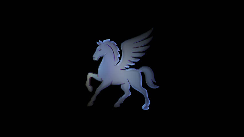 Translucent glass pegasus spinning gracefully against dark backdrop, symbolizing mythical power and freedom in seamless 3d animation loop