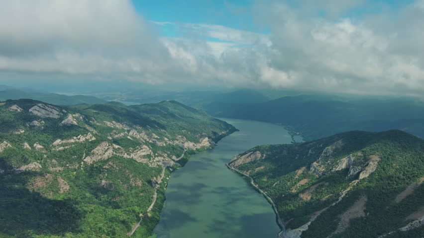 Aerial view on the Danube river and mountains in Djerdap National Park, Serbia Romania border, 4k