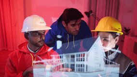 Engineers and industrial workers in safety uniforms discussing a construction project in a meeting room with site visuals on screen - Powered by Shutterstock - Get 15% off with code: PIKWIZARD15
