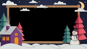 Festive Christmas animation featuring a cozy winter night scene in paper cut style. Includes snow falling, decorated trees, a cheerful snowman, a warm house with glowing windows, and a magical starry. - Powered by Shutterstock - Get 15% off with code: PIKWIZARD15