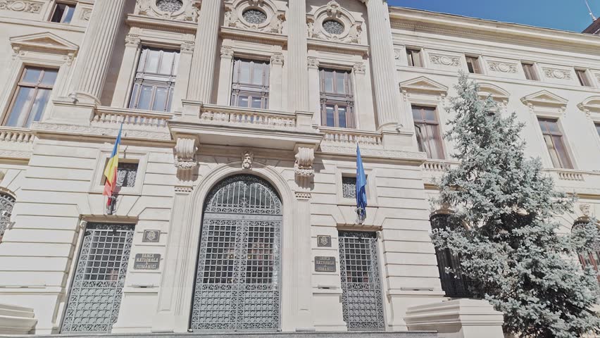 Grand ornate entrance to financial National Bank of Romania, Bucharest