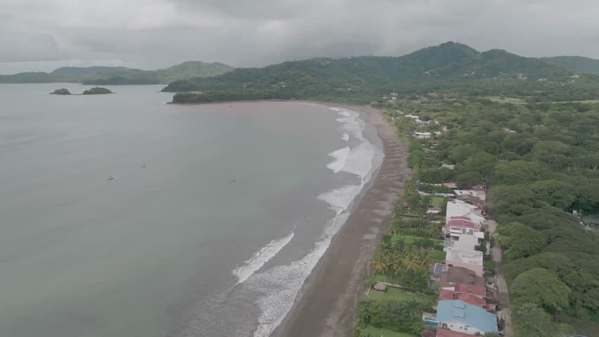 Playa Potrero in Costa Rica with beach view and Pacific Ocean view and drone video panning right to left.