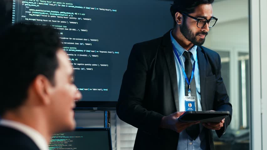 Indian business analyst is presenting complex software code and user experience data on a screen. Technical leadership, collaborative strategy, and successful project analysis with a corporate team