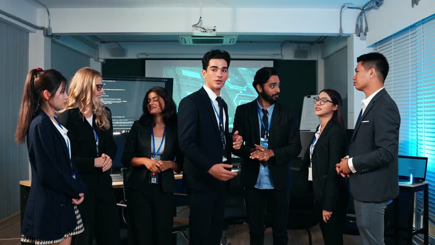 Professional team of diverse business people discussing ideas in the office. Coworker enjoy talking and make a connection. Corporate business teamwork. Sharing work, Social gathering - Powered by Shutterstock - Get 15% off with code: PIKWIZARD15