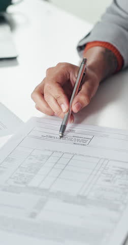 Real estate, contract or hands in office with sign, title deed or info documents for mortgage loan. Closeup, legal or person at desk with agreement, property investment or paperwork of realtor deal.