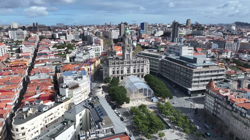 City Hall At Porto In Porto District Portugal. Downtown District. Medieval Buildings. Historical City Scene. City Hall At Porto District In Portugal. Tourism Landmarks.