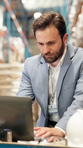 Logistics, face and happy manager with laptop in warehouse, online schedule or package delivery. Digital agenda, cargo shipping and man check for safety compliance, storage distribution and inventory