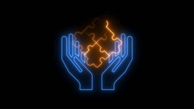 Neon Blue Hands Holding Glowing Orange Puzzle Pieces on Black jigsaw interlocking - Powered by Shutterstock - Get 15% off with code: PIKWIZARD15