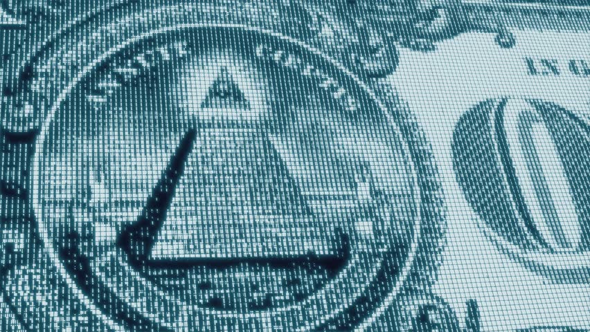 Digital Illuminati Eye Pyramid on 100 Dollars Bill Macro. Symbol of Secret Society, Global Power, Conspiracy, Masonic Sign, All Seeing Eye, Finance Control, Cyber Money, CBDC New World Order Concept