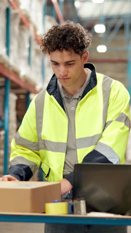 Barcode scanner, box and laptop with man in warehouse for logistics or supply chain management. Computer, package and scanning with person in factory or plant for inventory, stock and storage