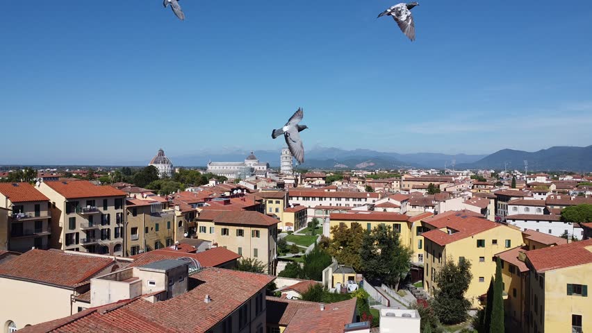 Drone footage of the leaning tower of Pisa