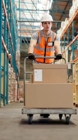 Man, trolley and walking with boxes at warehouse to transport stock, export cargo and supply chain. Person, cart and delivery of shipping, storage management and inventory for industrial distribution