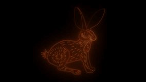 A neon outline of a rabbit sits against a black background, glowing with warm orange and red hues. The rabbit is depicted in profile, facing right, with its long ears erect. - Powered by Shutterstock - Get 15% off with code: PIKWIZARD15