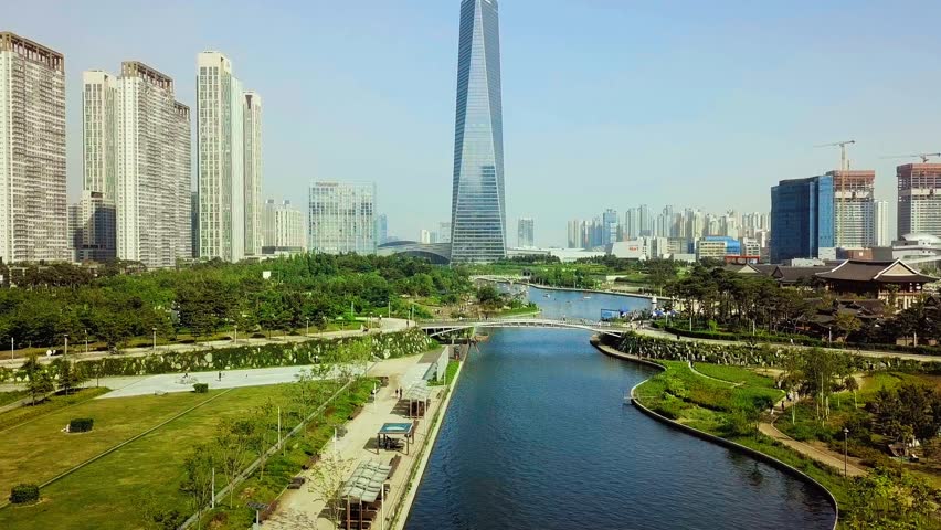 Skyline aerial over modern Incheon business district in South Korea