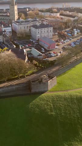 Overhead social media ratio aerial GV video of the Derry City Walls in Derry, County Londonderry in Northern Ireland. Filmed in 1080x1920, 60FPS and with Rec709 color.