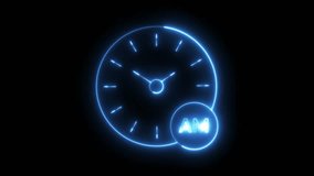 Neon blue animated clock with moving hands and AM text, isolated on a solid black background, time management, morning schedule, punctual reminder, or digital deadline countdown - Powered by Shutterstock - Get 15% off with code: PIKWIZARD15