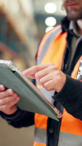 Hands, supply chain and man in warehouse, tablet and digital app for inventory. Person, employee and inspector in factory, tech and internet with distribution, stock management and export report