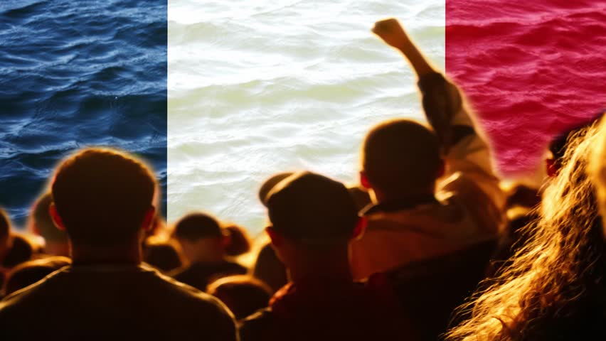 French Rebellion. Activists Protest Bee Extinction in Paris City Center. 2025 French Strike. Rebellion and Fight in Paris City Center. Flag background.