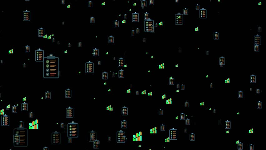 Animated Clipboard Icons with Growing Charts on Black Background 4k animation. - Powered by Shutterstock - Get 15% off with code: PIKWIZARD15