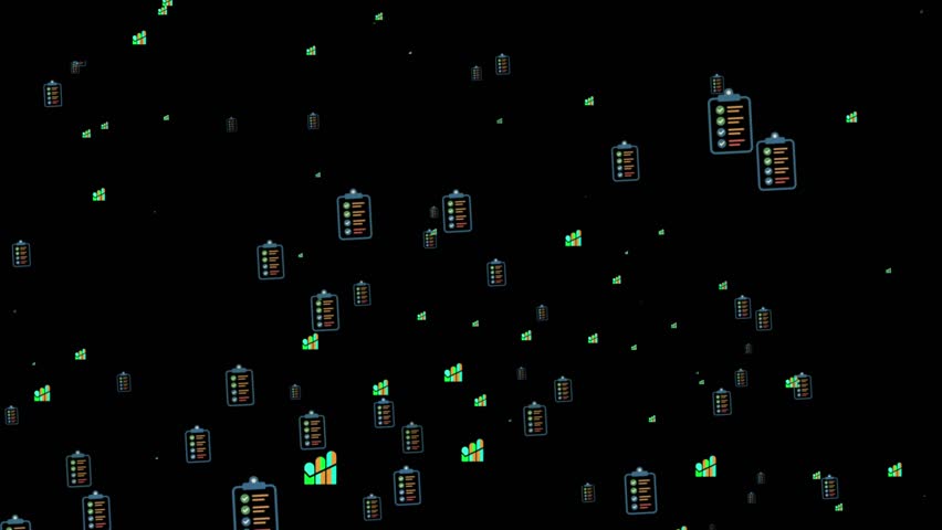 Animated Icons of Clipboards and Financial Charts on Dark 4k animation. - Powered by Shutterstock - Get 15% off with code: PIKWIZARD15