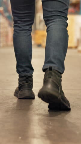 Legs, person and walking for logistics at warehouse for inspection, quality control or supply chain. Shoes, back or storage for stock check, inventory management and supervisor for cargo distribution