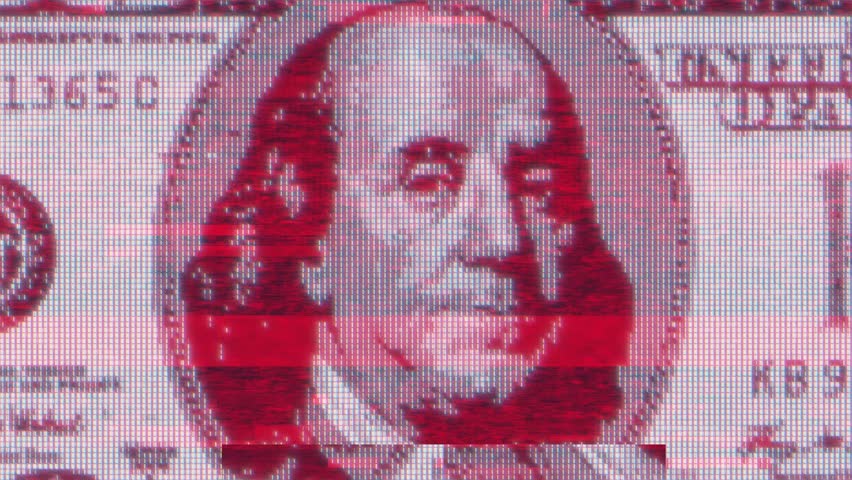 Glitch Dollar Apocalypse. Digital 100 Dollars Bill. Macro Footage of Corrupted Currency, Illuminati Pyramid. Conspiracy Theories, Dark Finance, All Seeing Eye, Finance Control, Cyber Money CBDC intro