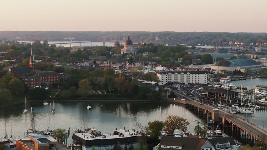Spa Creek Bridge, Marina With United States Naval Academy, The Naval Academy Chapel And Naval Academy Bridge In Maryland, USA. - aerial shot