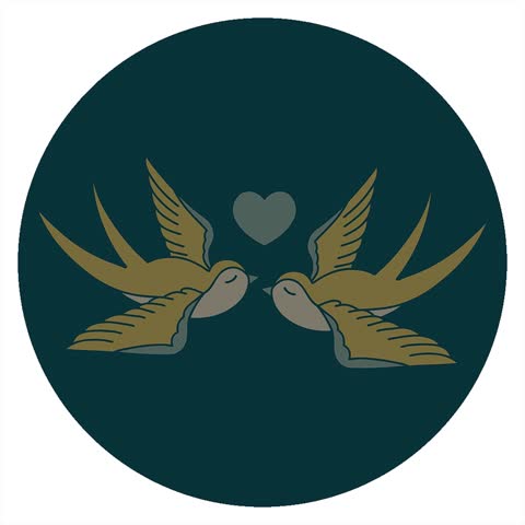 Simple looping animated iconic tattoo style image of swallows and a heart