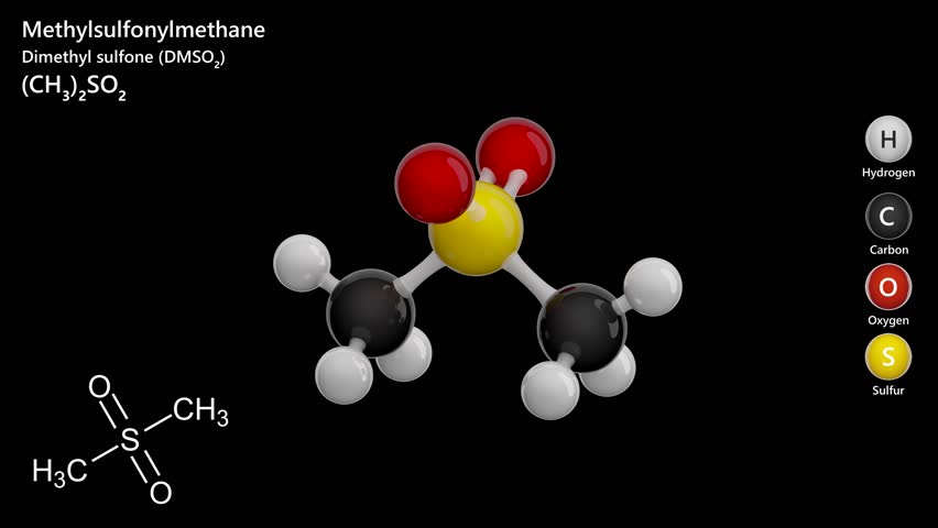 Animated 3D model of Methylsulfonylmethane (MSM). Medicinal compound with molecular formula C2H6O2S. Chemical model: Ball and stick. Black background. 3D rendering. Seamless loop.